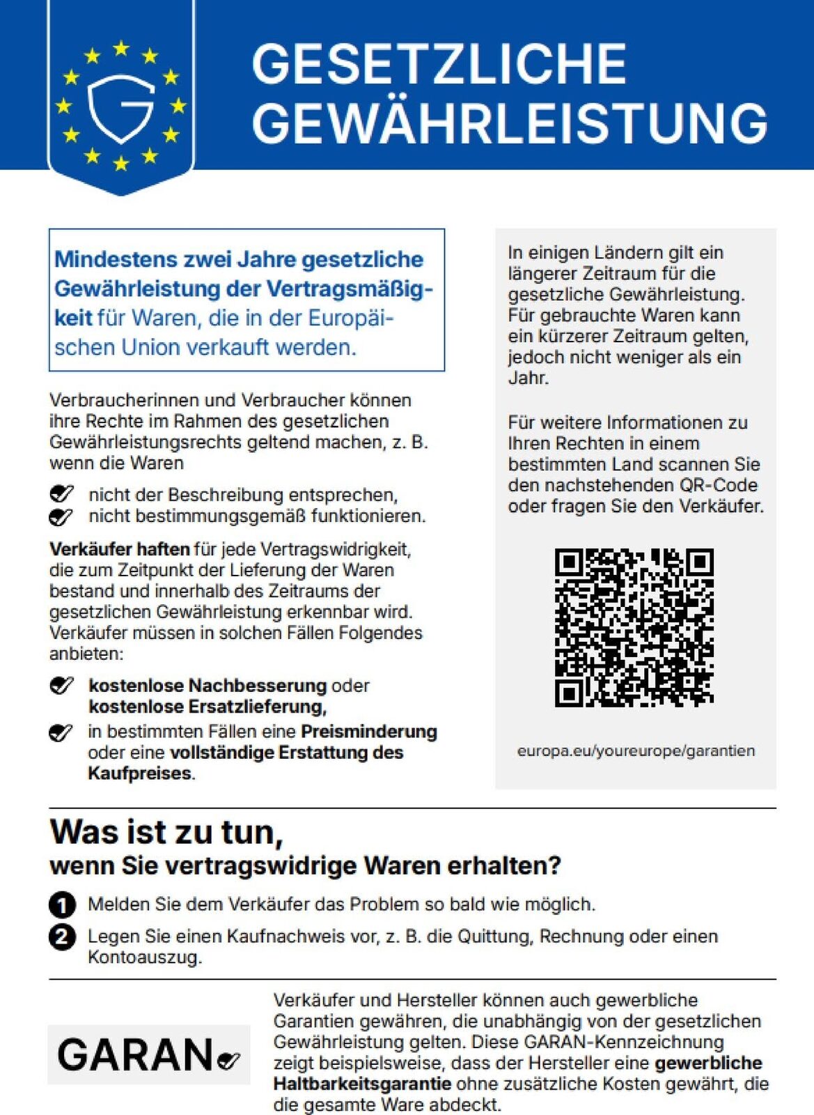 Gesetzliche Gewährleistung – mindestens zwei Jahre für Waren, die in der EU verkauft werden